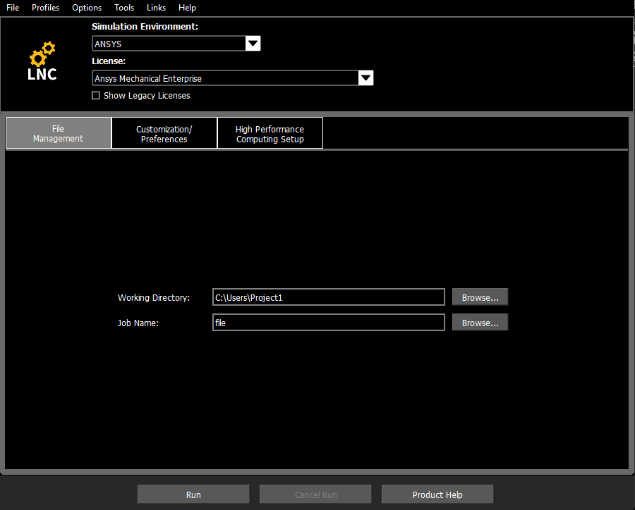 Product Launcher con Working Directory, Job Name y botón Run