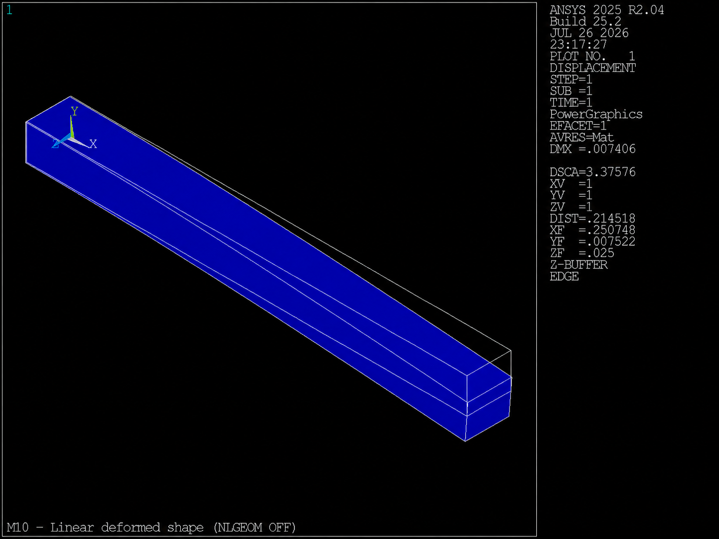 Linear baseline deformed shape with NLGEOM OFF for a slender beam