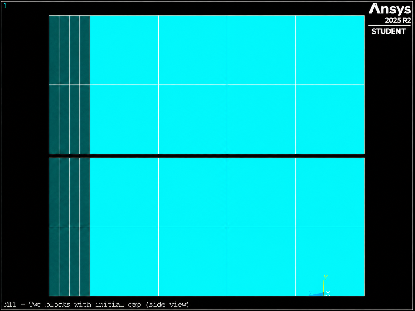 Two 3D blocks with a visible initial gap in a MAPDL side view