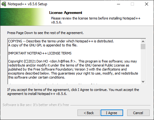 Pantalla del acuerdo de licencia de Notepad++