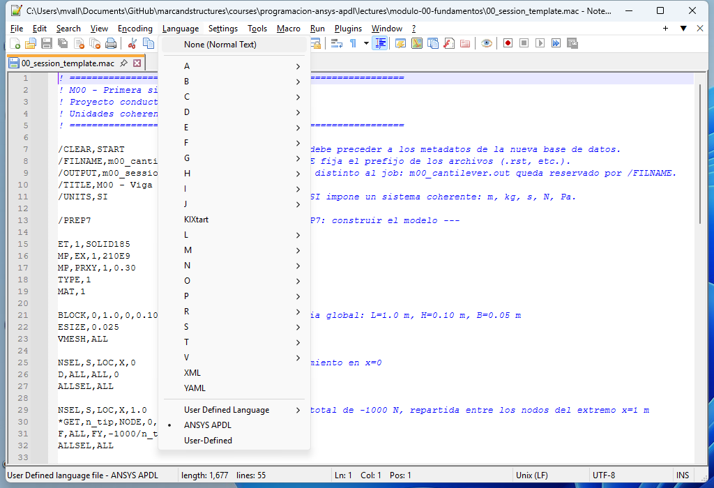 Menú Lenguaje de Notepad++ que conduce a Definir un lenguaje