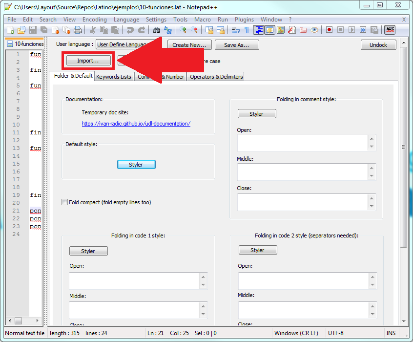 Ventana User Defined Language de Notepad++ con el botón Import destacado