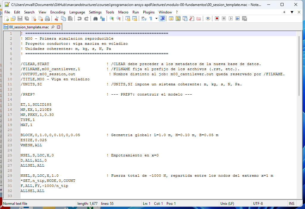Macro APDL abierta en Notepad++ con el resaltado de sintaxis activo